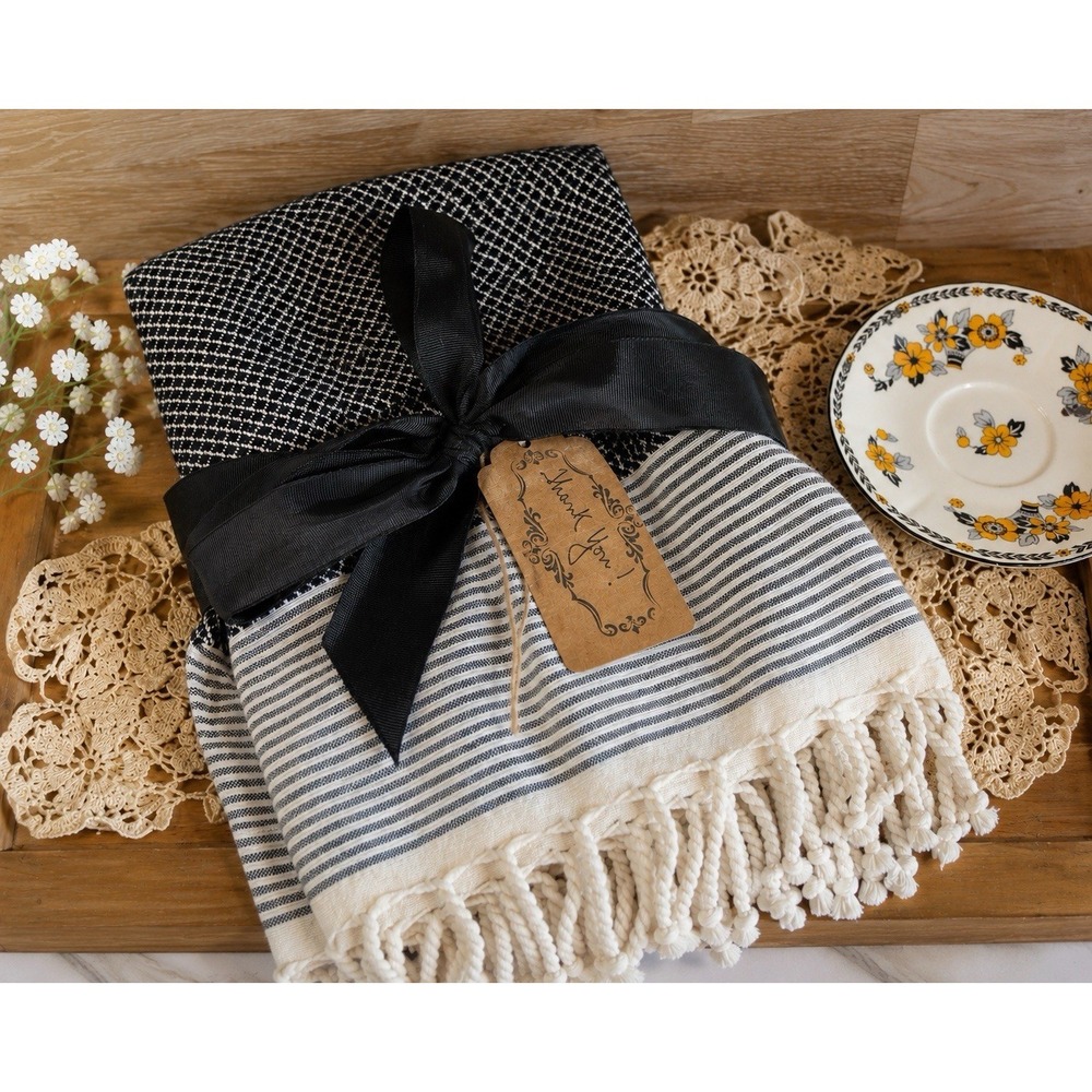 100% Cotton Woven Tassel Fringe 29" X 16" Towel Black Ivory Kitchen Farmhouse